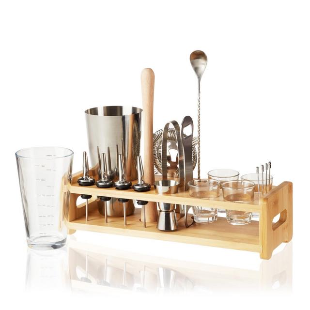 True Barware 20 Piece Bar Kit with Shaker, Mixing Glass, Muddler, Double Jigger & More, Stainless Steel, Glass, Set of 20,Multicolor