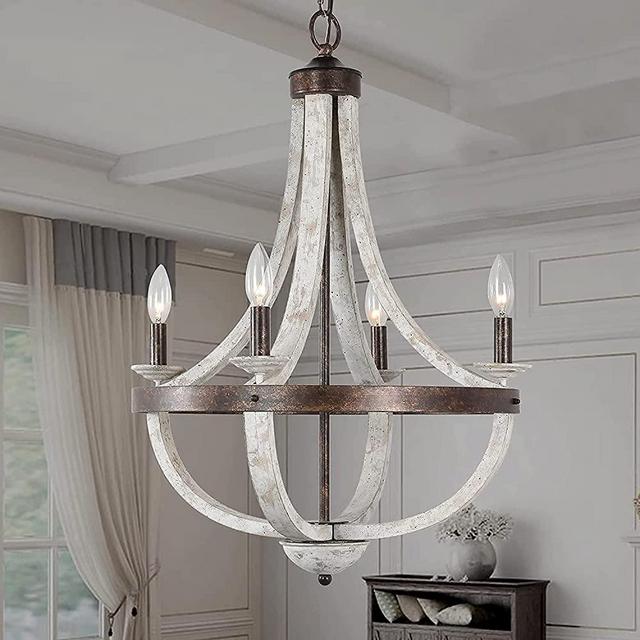 28" Wooden Farmhouse Chandeliers, 4-Light Handmade Distressed Wood Rustic Empire Chandelier Lighting, White French Country Pendant Ceiling Light Fixtures Hanging for Dining Living Room Bedroom Kitchen