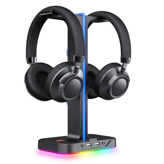 Havit RGB Gaming Headphone Stand Desk Dual Headset Hanger Base with Phone Holder 2 USB Ports for Desktop PC Game Earphone Accessories