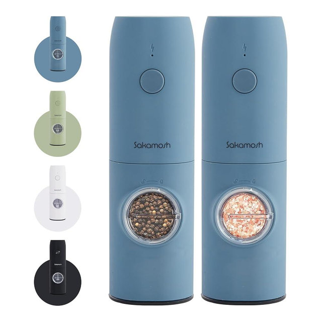 SAKAMOSH Electric Salt and Pepper Grinder Set, Rechargeable,Adjustable Coarseness with LED Light, Electric Salt and Pepper Shakers Refillable(2 Packs, Blue)