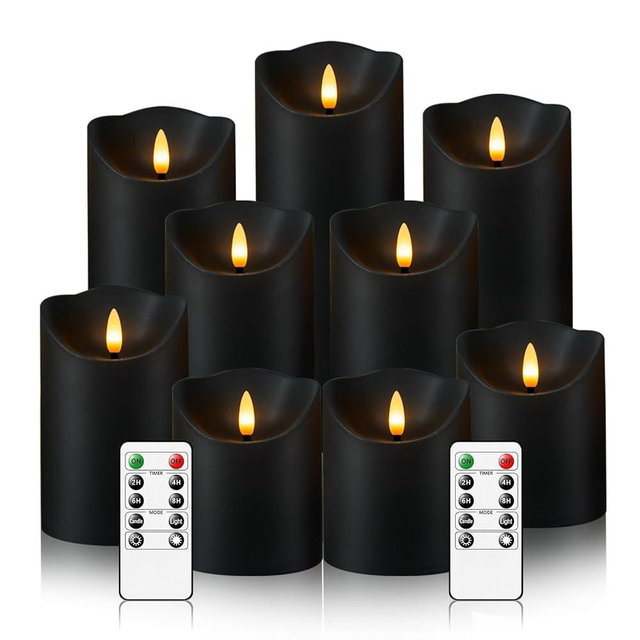 Nimiko Flameless Candles with Remote, Battery Operated Flickering Flameless Candles, LED Candles with Timer 2/4/6/8H, with Realistic LED Candles Set of 9 (D3 x H 3" 4" 5" 6" 7") (black)