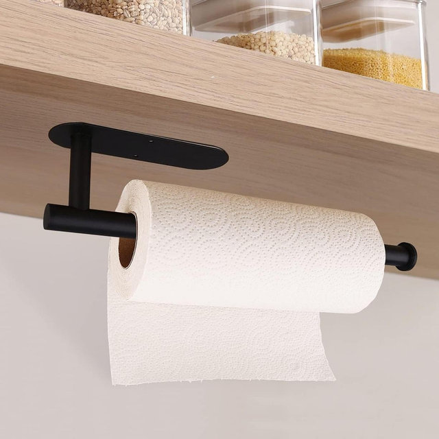 Paper Towel Holders-Blcak,Paper Towels Rolls - for Kitchen,Paper Towels Bulk- Self-Adhesive Under Cabinet,Both Available in Adhesive and Screws,Stainless Steel(Black 2PC)
