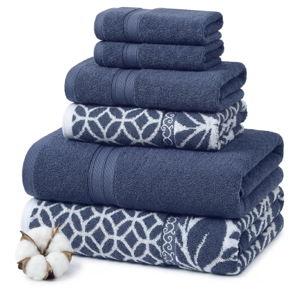 Modern Threads Botanical Vine 6-Piece 100% Cotton Towel Set – Reversible Yarn Dyed Jacquard – Includes 2 Bath Towels, 2 Hand Towels, 2 Washcloths – Absorbent, Quick Dry, Soft & Durable – Navy