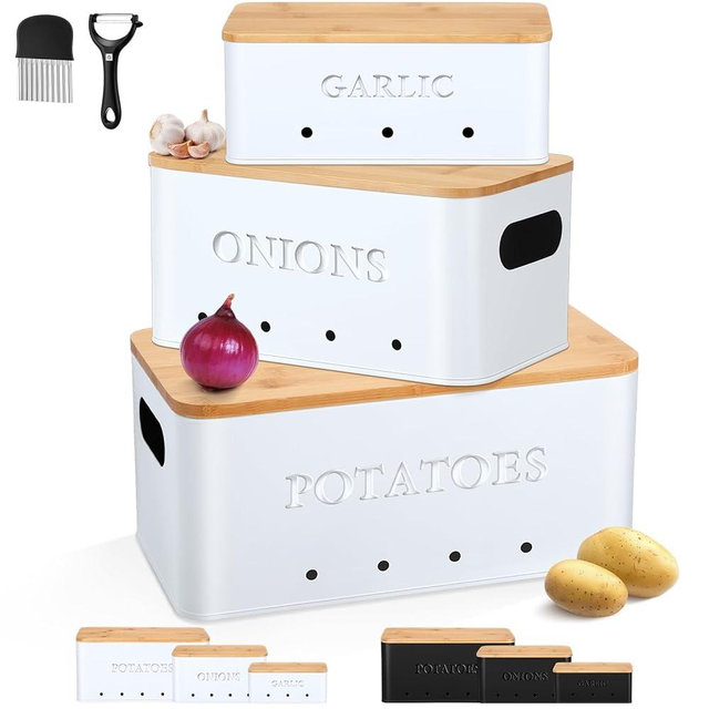 Honeydak 3 PCS Potato Onion Garlic Storage Bins Set, Metal Vegetable Keeper Containers with Lids Aerating Holes for Kitchen Counter Pantry Keep Fresh Longer Farmhouse for Sweet-potato Fruit(White)