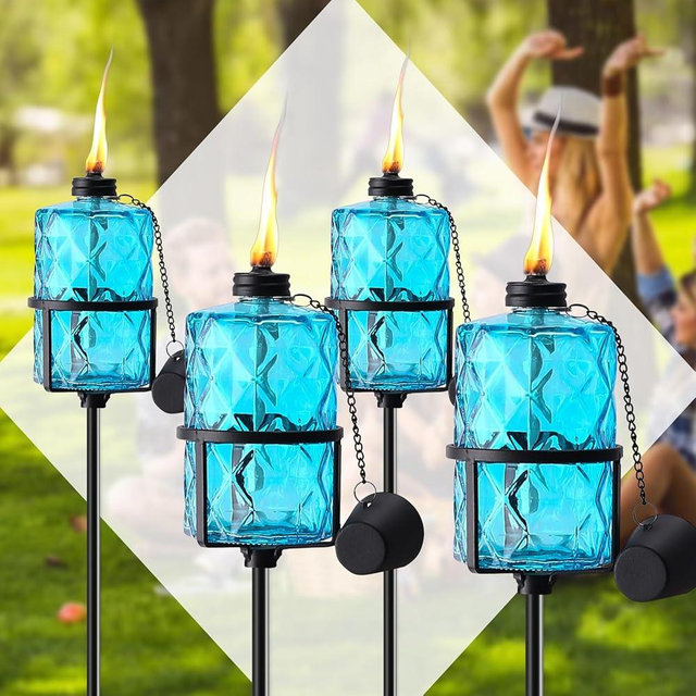 ZSPENG 4 Pack Blue Glass Garden Torch 12 oz Outdoor Torch Garden Décor,60-Inch Upgraded Citronella Torches with 3-Prong Grounded Stake for Party Patio Pathway