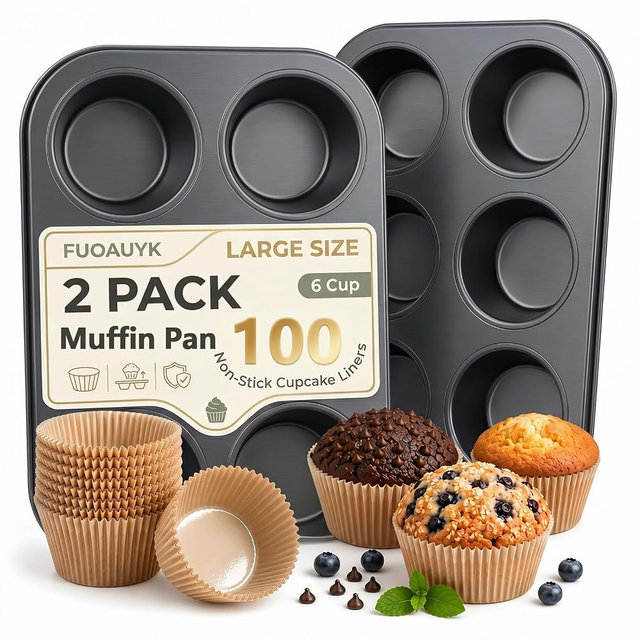 FUOAUYK Jumbo Muffin Pan 2 Pack, Extra Large Muffin Tin 6 Cup Includes 100 Jumbo Cupcake Liners, Nonstick Carbon Steel Giant Cupcake Pans for Baking, Breakfast & Party Cupcake Tin