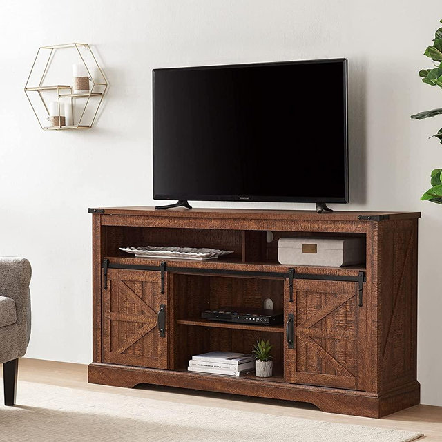 OKD Farmhouse TV Stand Tall for 65 Inch TV Entertainment Center Media Console Cabinet Highboy Wood Television Stands Rustic, with Sliding Barn Doors, Fits TVs Up to 70-Inch, Reclaimed Barnwood Color