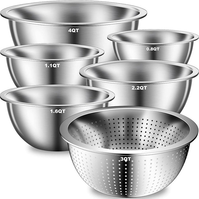 DUTZUN Heavy-Duty Stainless Steel Mixing Bowls Set of 5 plus 3QT Colander, Nesting Kitchen Metal Bowl for Baking Prep Salads Serving Cooking, Non-Toxic & Dishwasher Safe — 4.0 to 0.8 QT