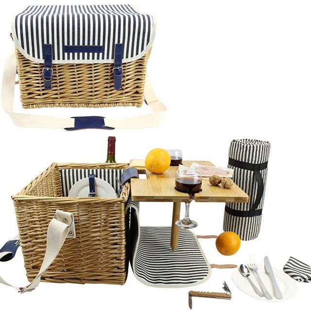 Wicker Picnic Basket for 2 Persons Picnic Kit, Willow Hamper Service Gift Set with Bamboo Wine Table for Camping and Outdoor Party