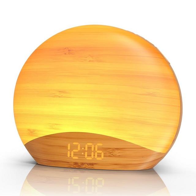 REACHER Wooden Sunrise Alarm Clock Wake Up Light, White Noise Sound Machine for Sleep, 0-100% Dimmer Digital Clock, Night Light, 26 Soothing Sounds, Sunrise Lamp for Baby, Kids, Adult, Bedroom