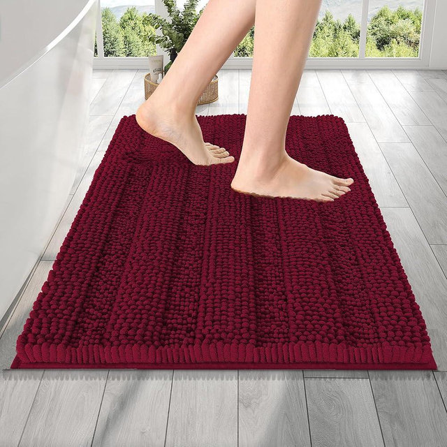 OLANLY Thick Bathroom Rugs 24x16, Extra Soft Absorbent Chenille Striped Bath Rugs, Rubber Backing, Machine Wash Dry, Bath Mats for Bathroom Floor, Tub and Shower, Home Decor Accessories, Burgundy
