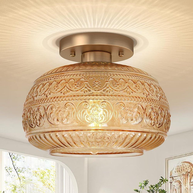 OYKYOHEI Semi Flush Mount Ceiling Light, Upgraded Modern Close to Ceiling Light Fixture with Amber Glass,Gold Indoor Kitchen Lighting for Porch Corridor Hallway Bedroom, Bulb Not Included