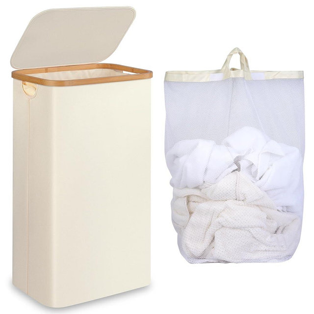 iEGrow Slim Laundry Hamper,75L Beige Narrow Laundry Basket with Lid,Foldable Clothes Hamper with Bamboo Handles,Hamper Basket with Removable Inner Bag for Laundry Room Bedroom College Dorm