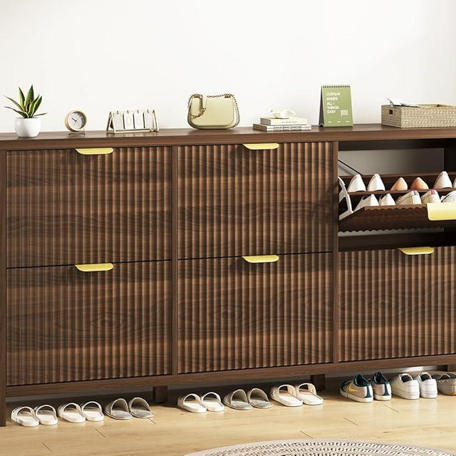 YOMILUVE 63" Shoe Cabinet Storage for Entryway, Fluted Shoe Cabinet with 6 Flip Drawers, Hidden Shoe Rack Freestanding Wooden Shoe Organizer with Legs for Hallway, Walnut