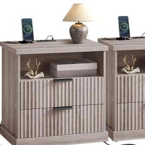 VASAGLE MAXE Collection - Set of 2 Nightstands with Charging Station, Fluted Night Stand, Bedside Table, Mid Century Modern Side End Table, 2 Drawers, 2 AC Outlets, 2 USB Ports, Washed Gray ULET926G01