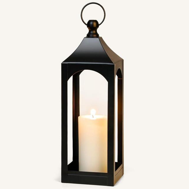 Modern Farmhouse Lantern Decor, Black Metal Decorative Hanging Candle Lanterns Ideal for Home Decor, Parties & Events, 17" High (No Glass Panel)