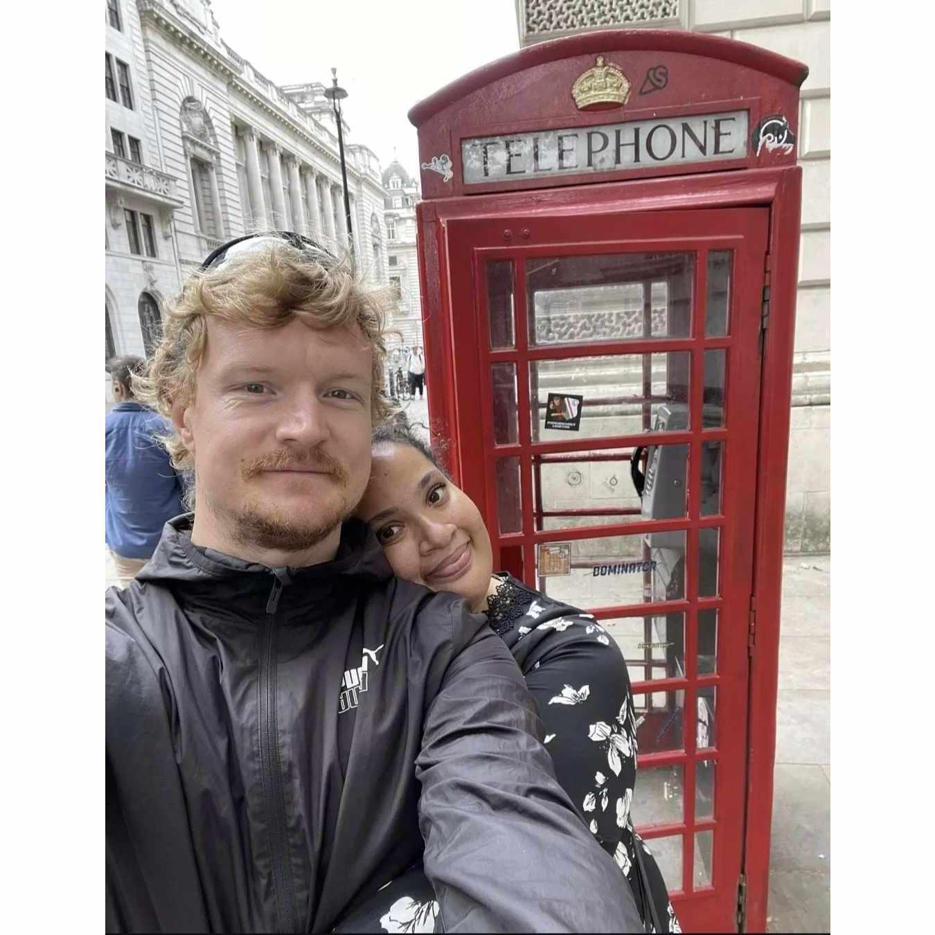 Selfie in front of red telephone box in London. 2023