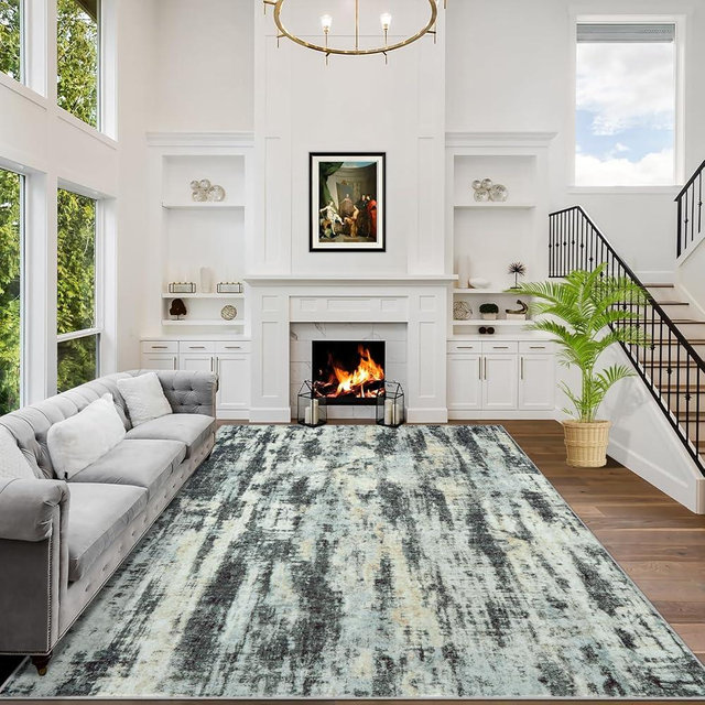 6x9 Area Rugs Washable Rug: Large Modern Abstract Living Room Rug Soft Anti-Skid Thin Carpet Indoor Floor Non-Shedding Carpets for Bedroom Dining Room Farmhouse Nursery Home Office Black Blue