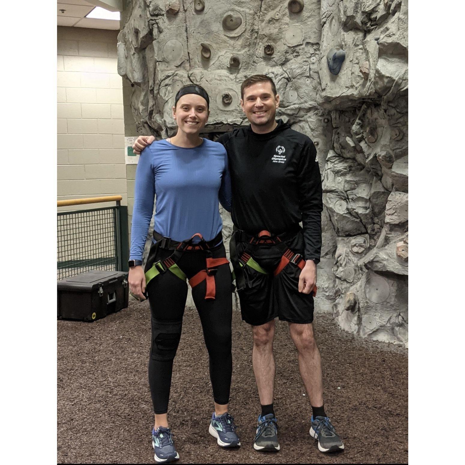 Our first picture together- rock climbing at RiverWinds