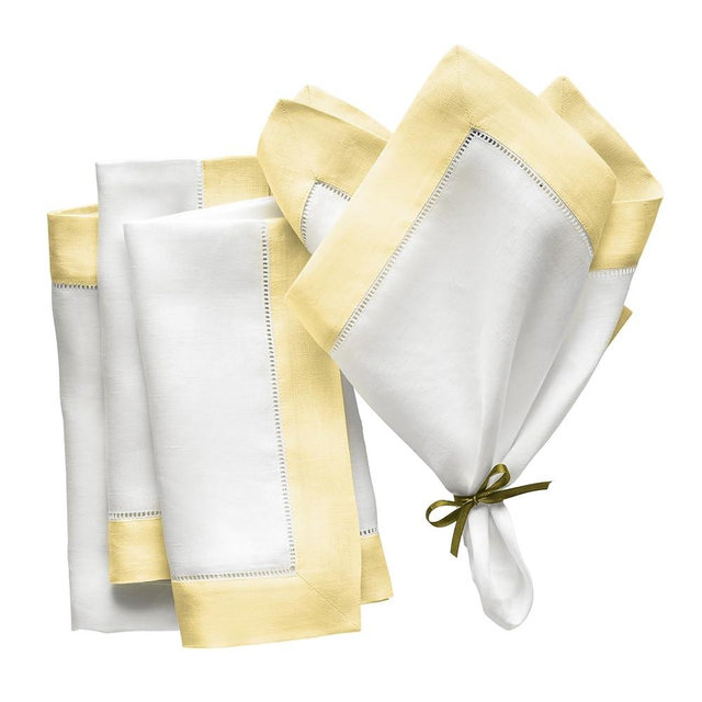 Linen Napkins 20 x 20 inch - 100% Flax Linen White and Yellow Dinner Napkins Set of 4 - Hemstitch Cloth Napkins Washable for Easter Day and Spring Holiday