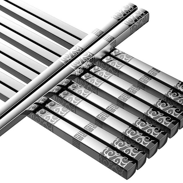 Metal Chopsticks Reusable 5 Pairs Stainless Steel Chopsticks Dishwasher Safe Square Lightweight Non-Slip Chop Sticks Gift Set (Silver)