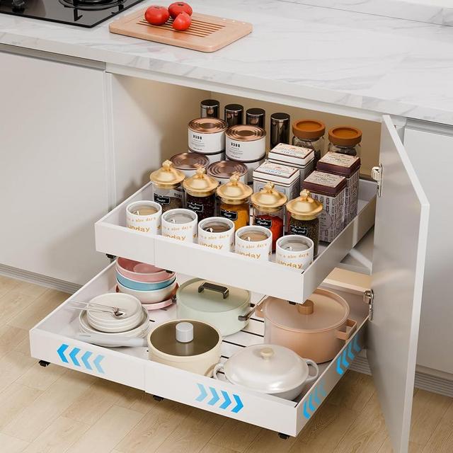 Pull Out Cabinet Organizer,Expandable(12.5"-20.6"W) Heavy Duty Slide Out Drawers Fixed with Adhesive Nano Film No Drill,Roll Out Cabinet Drawers for Kitchen,Bathroom,Pantry,16.5" Deep White 1PC