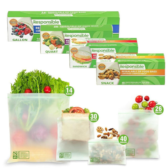 Resealable Zip Bag Value Bundle Pack - Certified Compostable (1 Box of Each - Sandwich, Snack, Quart, and Gallon) - 110 Total Bags Included