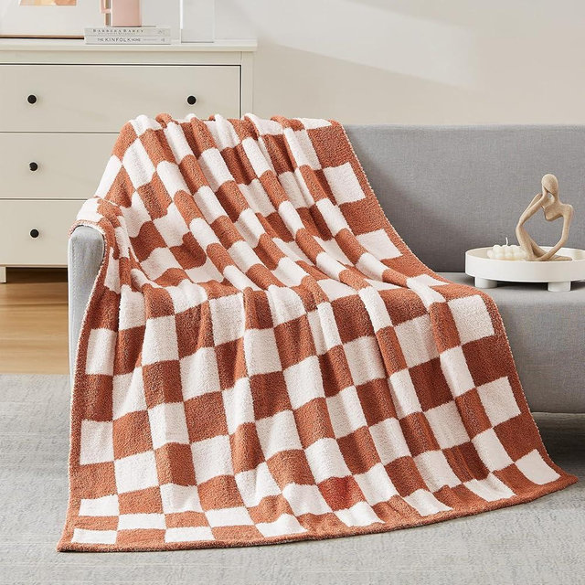 WRENSONGE Checkered Throw Blanket, Autumn Leaf Orange Soft Cozy Fluffy Warm Hand Made Throw Blankets for Couch, Sofa, Chair, Bed, Camping, Picnic, Travel Lightweight Bed Blanket - 50"*70"