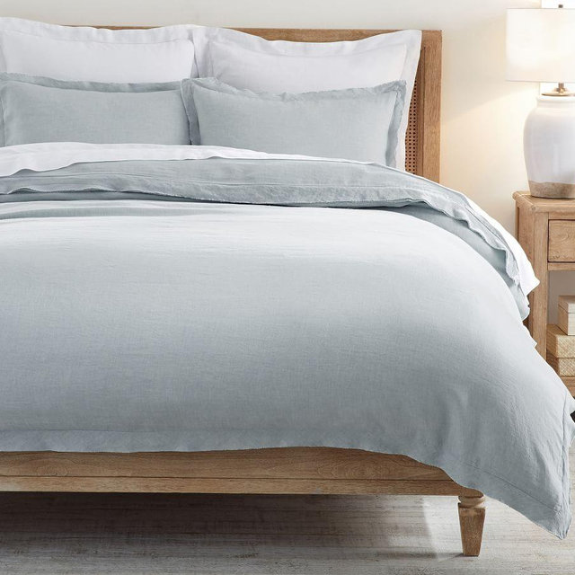 Mineral Blue Belgian Flax Linen Double Flange Duvet Cover, Full/Queen
