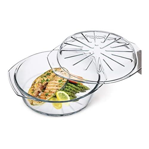 Simax Casserole Dish For Oven, Glass Baking Dish With Lid, Ridged Design for Low Fat Cooking, Microwave, Oven, and Dishwasher Safe Cookware, Borosilicate Glassware, 2.6 Qt. Round Baking Dish