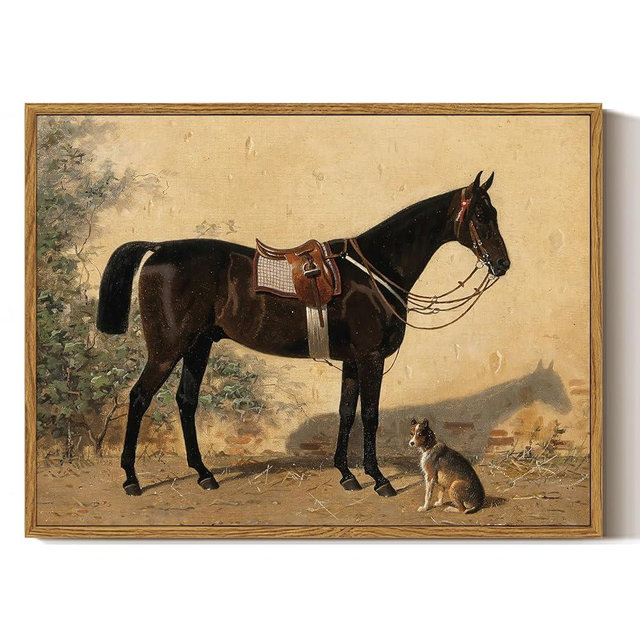 ARPEOTCY Framed Canvas Horse Wall Art, Horse Art Print for Home Decor, Rustic Farmhouse Country Wall Decor for Living Room, Office, Bedroom, 12"x16" Natural (Rappe mit Hund)
