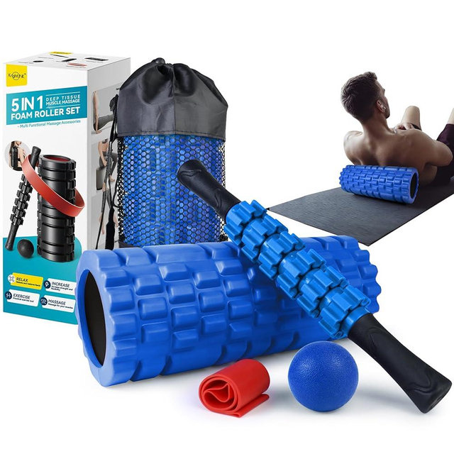 Krightlink 5 in 1 Foam Roller Set for Deep Tissue Muscle Massage, High Density Trigger Point Fitness Patented Exercise Foam Roller, Massage Roller, Massage Ball, Resistance Band, for Whole Body