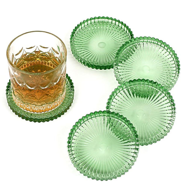 OGANAZI Modern Clear Coaster Set of 5- Glass Coasters for Drinks Crystal Coasters Round Cup Coasters Coffee Table Decor for Office, Kitchen, Bar, Dining Room, Living Room, Patio(Clear Green)
