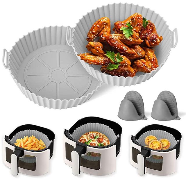 2Pack Silicone Air Fryer Liners with Heat Resistant Gloves for 4-5.3QT, 7.9in Reusable Round Airfryer Silicone Pot Accessories, Easy Cleaning Silicone Basket Inserts for Oven Gray+Gray