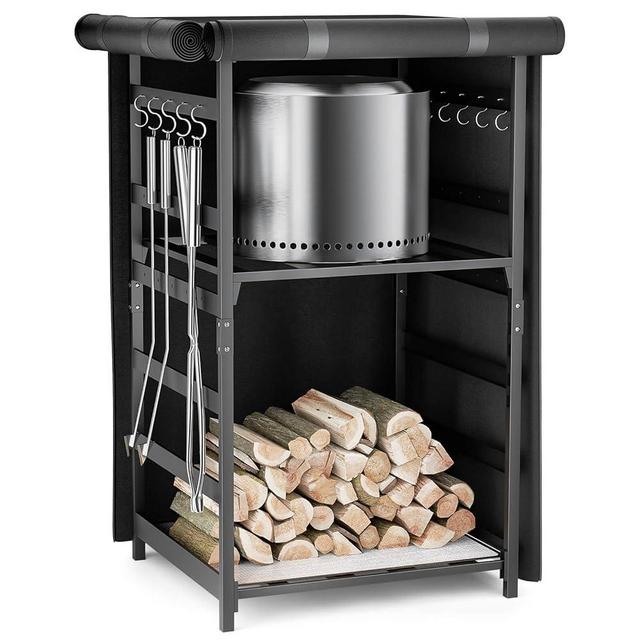 Storage Station 4.5ft for Solo Stove Yukon, Bonfire, Ranger and other Fire Pit Stove, Firewood Storage Cabinet with Waterproof Cover, Adjustable Firewood Rack for logs and Fire Pit Accessories