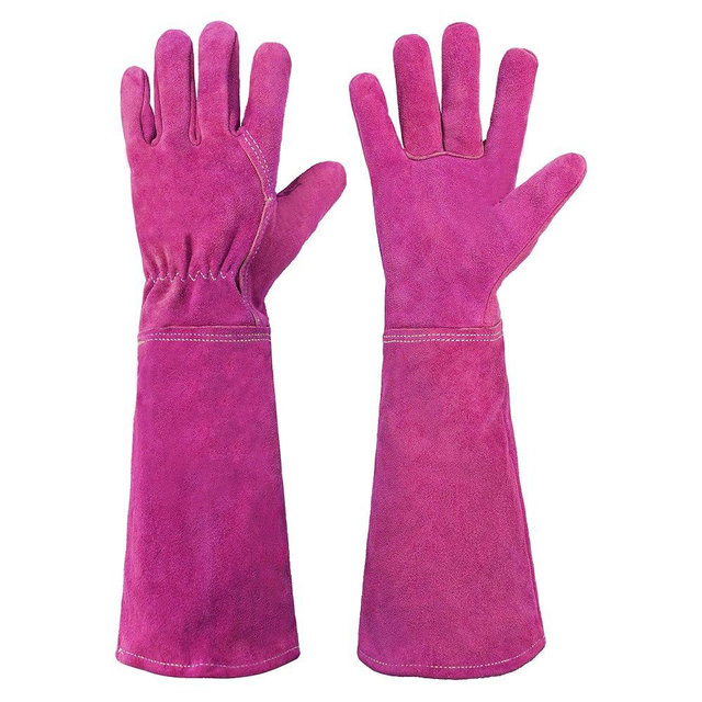 HANDLANDY Ladies Leather Gardening Gloves, Thorn Proof Women Rose Pruning Garden Yard Glove, Heavy Duty Long Sleeve Gloves (Small, Rosy)