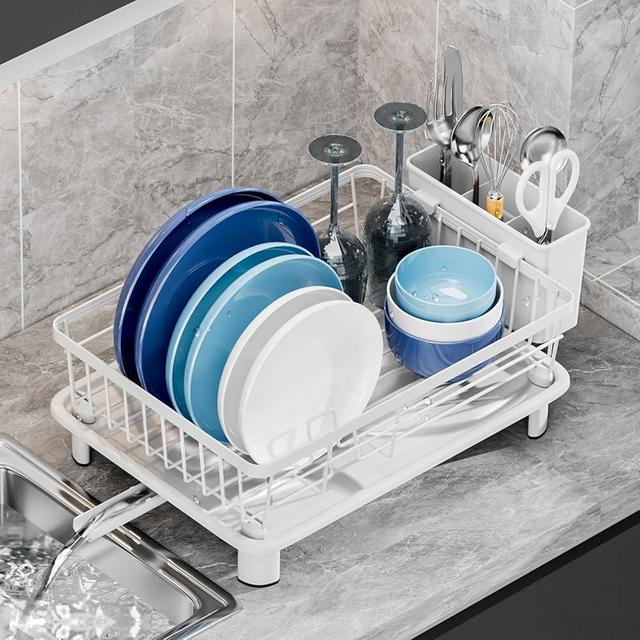 Dish Drying Rack, Stainless Steel-Dish Rack, Dish Racks for Kitchen Counter, Kitchen Dish Drainers with Removable Utensil Holder,New drain outlet,Plate Rack and Drainboard,(White-11" W x 15" L)
