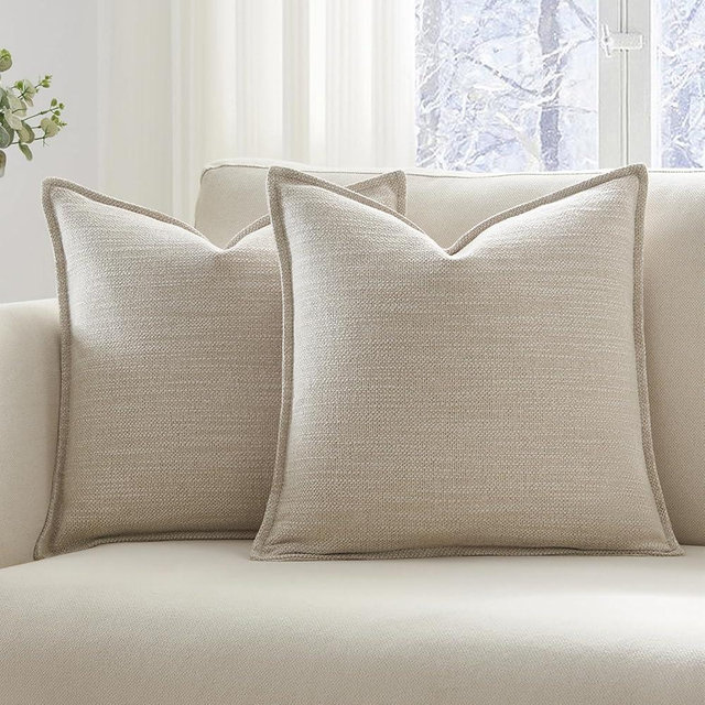 Meekio Set of 2 Light Beige Pillow Covers 16 x 16 inches Flange Edge Pillow Covers Textured Throw Pillow Covers for Neutral Home Decor
