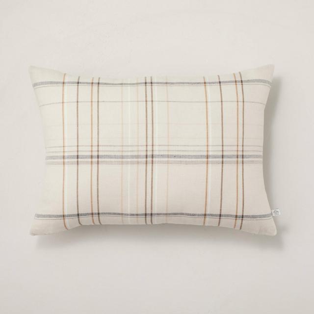 14" x 20" Thin Stripe Plaid Lumbar Throw Pillow Beige/Navy/Brown - Hearth & Hand™ with Magnolia