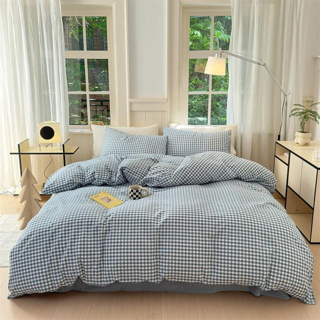 Mucalis Light Blue Gingham Duvet Cover King 100% Washed Cotton White Plaid Checkered Duvet Cover Set Modern 3 Piece Grid Bedding Set with Zipper Closure Corner Ties,Durable,Breathable,Easy Care