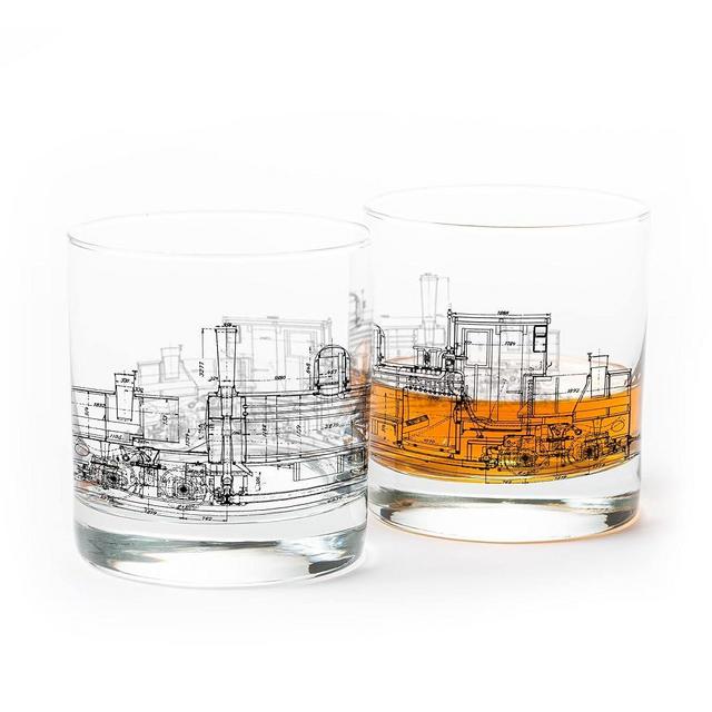 Black Lantern Whiskey Glasses - Set of 2 Cocktail and Old Fashioned Glasses - 11oz. Whisky Glasses - Train Engine Diagram Cocktail Glasses - Dishwasher-Safe Drinking Glasses for Everyday Use