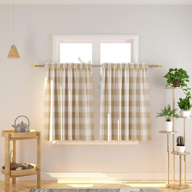 NATUS WEAVER Buffalo Check Kitchen Tier Curtais 36 inches Long Plaid Gingham Rod Pocket Classic Cafe Curtains Country Farmhouse Kitchen Half Window Curtains 2 Panels Beige & White