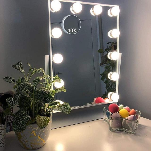 Hansong Large Hollywood Makeup Vanity Mirror with Lights,Plug in Light-up Professional Mirror ,Removable 10x Magnification,3 Color Lighting Modes, Cosmetic Mirror with 12 Dimmable Bulbs