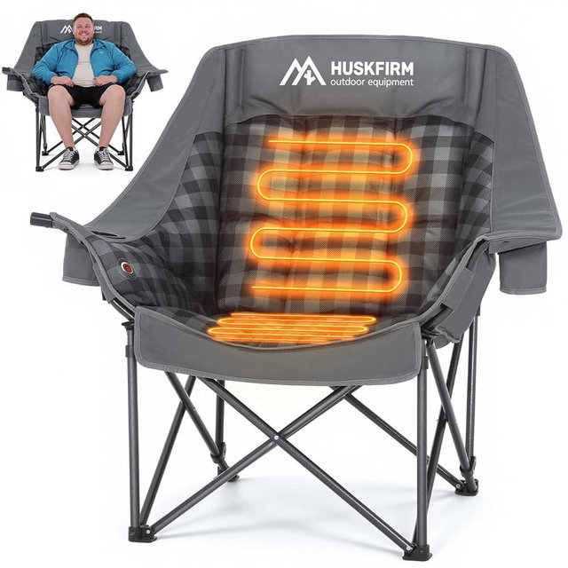 Huskfirm Oversized Heated Camping Chair Fully Thick Padded Camping Chair for Adults 3 Levels Adjustable Portable Heated Camp Chair for Outdoor Use (Battery Not Included)