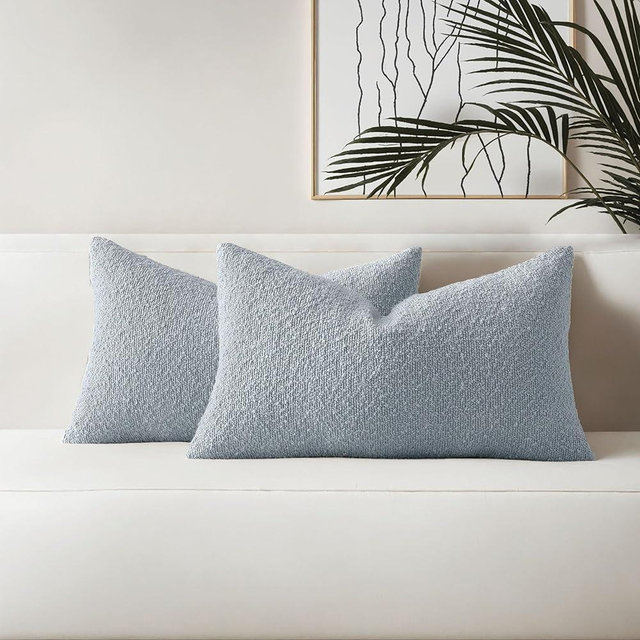 HAUSSY Set of 2 12x20 Decorative Throw Pillow Covers, Soft Cozy Textured Boucle Lumbar Pillow Cases, Home Decor for Couch Bed Living Room, Dusty Blue