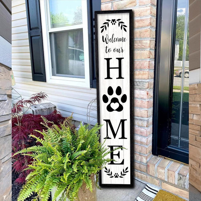 Welcome To Our Home Sign For Front Porch Standing 45"X9" Large Rustic Farmhouse Outdoor Tall Wood Framed Vertical Paw Print Welcome Signs Modern Outside Front Door Wall Decor (Black)