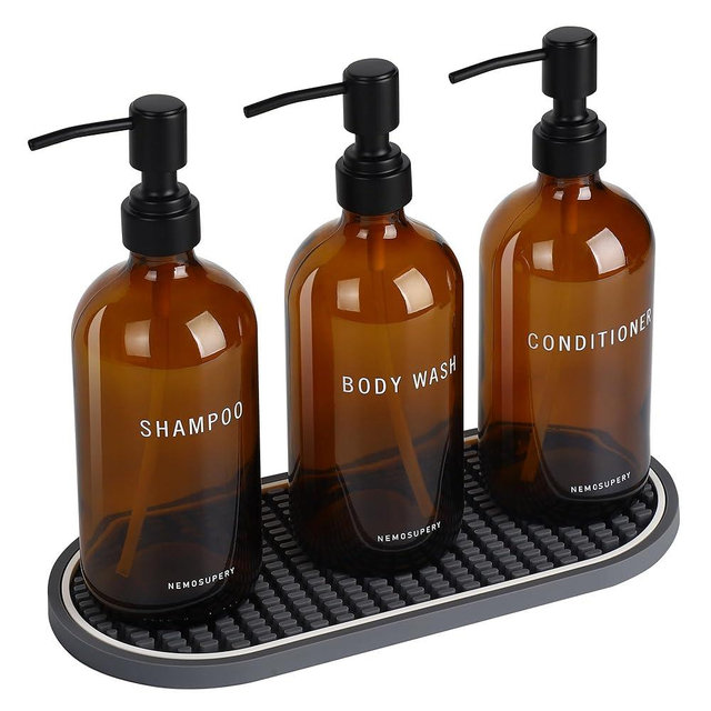 Nemosupery Amber Glass Shampoo and Conditioner Dispenser Set – 16.9oz Refillable Bottles with Stainless Steel Pump, Non-Slip Mat & Waterproof Labels –Shampoo Conditioner Body Wash Dispenser for shower
