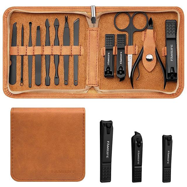 Familife Manicure Set, Professional Manicure Kit Nail Clippers Set 13pcs Stainless Steel Pedicure Tools Kit Grooming Kit with Portable Brown Leather Travel Case for Women Girl Men