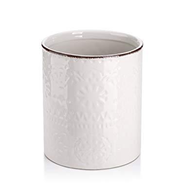 DOWAN Utensil Holder, Ceramic Kitchen Utensil Holder with Cork Mat, Embossed Utensils Holder, White