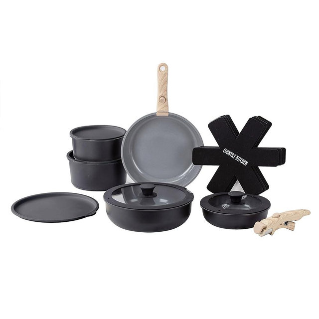 Country Kitchen 16 Piece Pots and Pans Set - Safe Nonstick Kitchen Cookware with Soft Touch Wooden Removable Handle, RV Cookware Set, Oven Safe (Black/Grey)